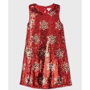 Cat & Jack Red Silver Reversible Flip Sequin Snowflake Dress Size L 10/12